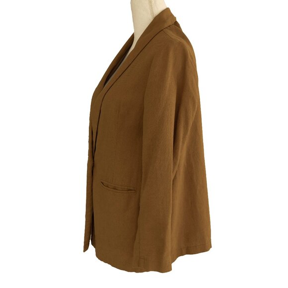 Old Navy Linen Blazer Tan Minimal Classic Academia Mustard Long Jacket Coat - Picture 3 of 8